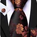 Barry.Wang Flower Ties for Men Silk Woven Floral Tie Sets Necktie Handkerchief Cufflinks Wedding Party (Burnt Orange)