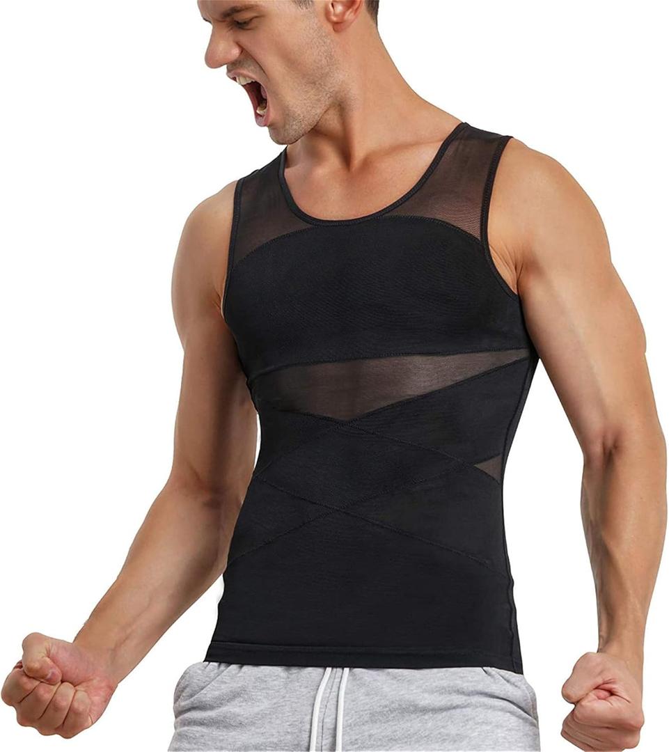 TAILONG Men's Compression Shirt for Body Shaper Slimming Vest Tight Tummy Underwear Tank Top (X-Large, Black)