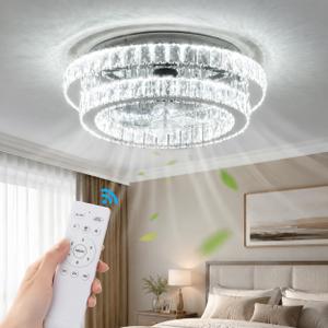 Ceiling Fan with Lights and Remote, 20" Chrome Fandelier | Reversible DC Motor Low Profile Chandelier Fan, 3 Color LED 6 Speed Timer Fan Light Fixture for Dining Bedroom Farmhouse
