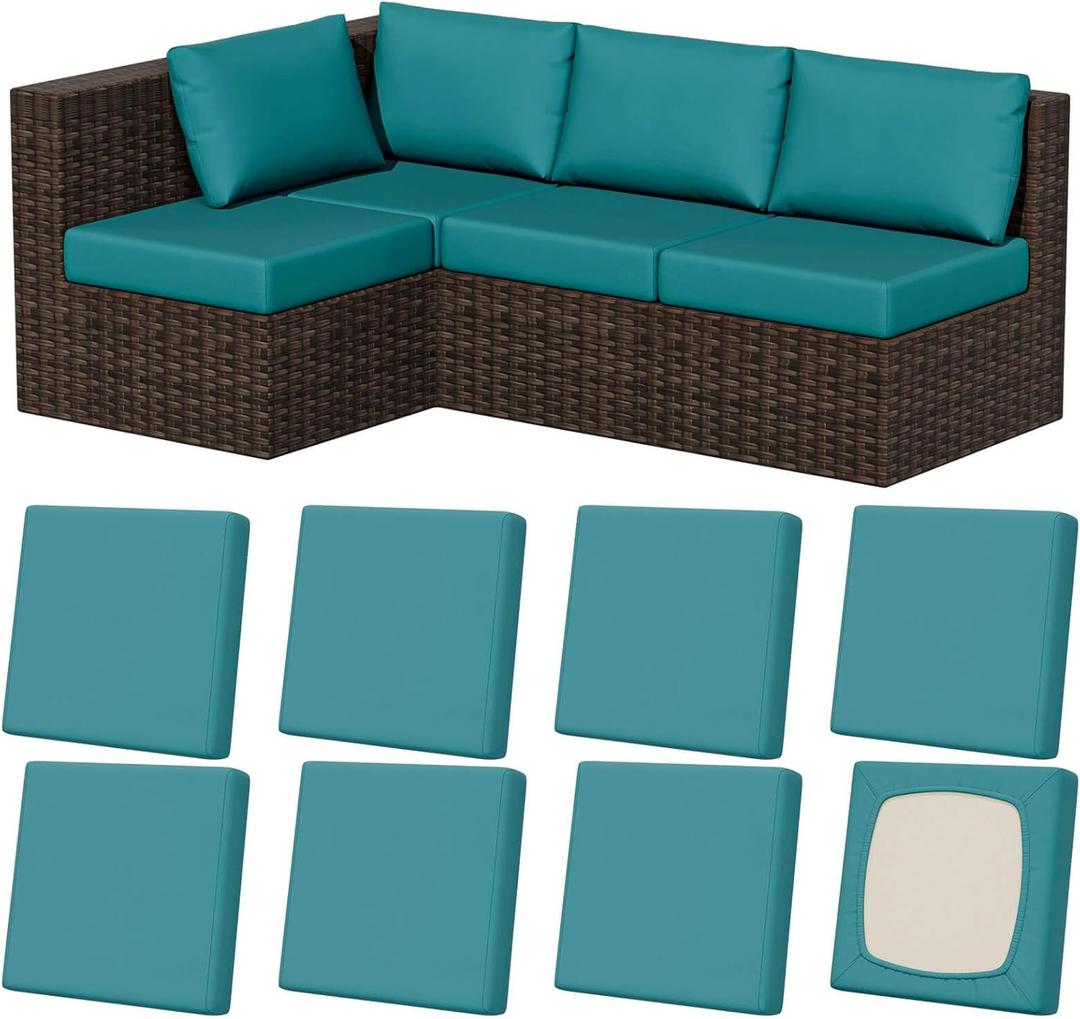 8Pcs Stretch Patio Cushion Covers, Outdoor Couch & Sofa Replacement Slipcovers for Patio Furniture Cushion Covers, Washable Reusable Furniture Protector, Square-Large, Petrol-Blue