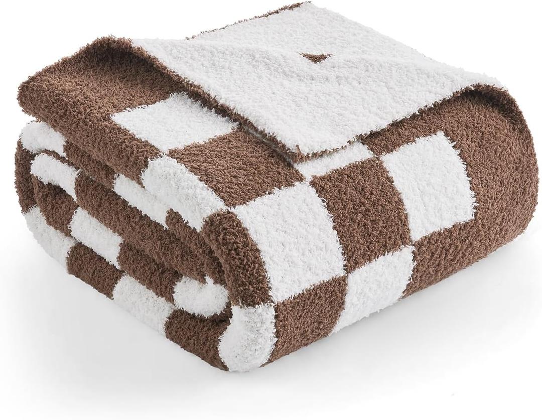 Snuggle Sac Checkered Throw Blanket for Couch, Super Soft, Cozy Warm Knit Blankets, Reversible Plaid Fluffy Throws for Sofa, Bed, Checkered Brown, 50x60 Inches