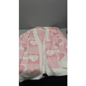 Women Valentines Day Sweater Cardigan Button Down Oversized Checkered Heart Long Sleeve V Neck Knit Sweater Outwear Pink L