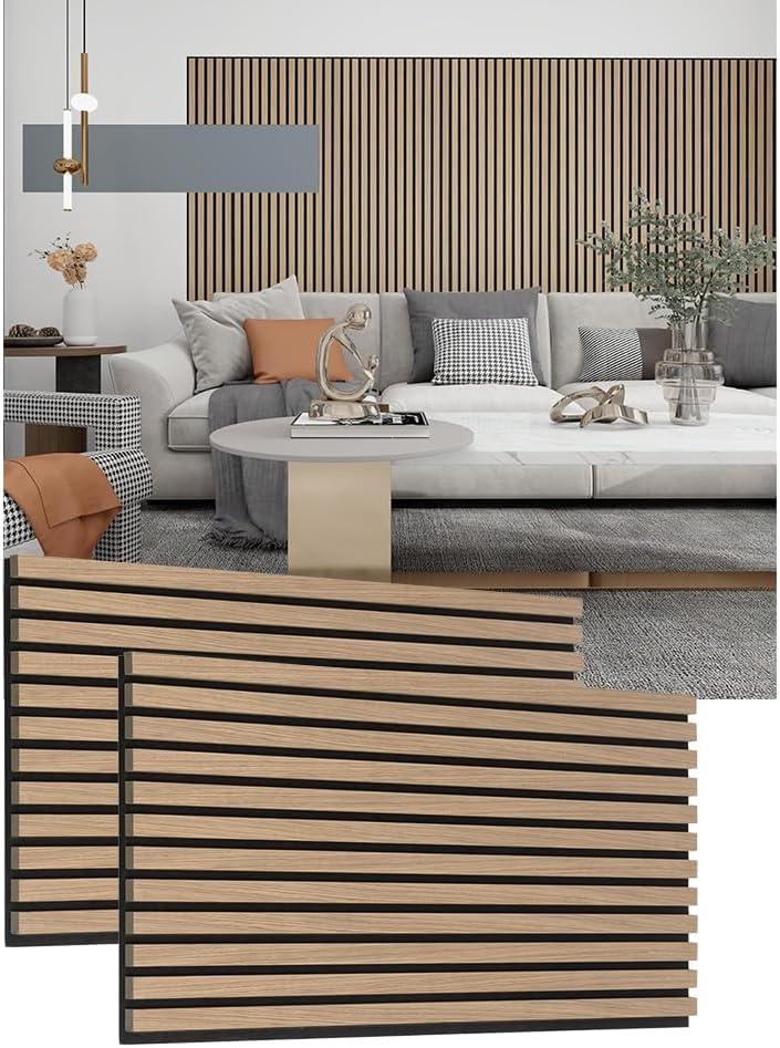 Acoustic Wood Veneer Slat Panels for Interior Wall and Ceilings Decor | 3D Seamless Spliced Sound Absorbing Decorative Luxury Real Natural Walnutx2 Pack, 43.3''x18.9''