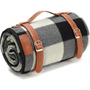 PortableAnd Picnic Blankets, 3 Layer Soft Fleece Blanket for Beach,Camping on Grass, Waterproof, Sandproof, Best Gift for Couple & Families, Black and Gray Checkered