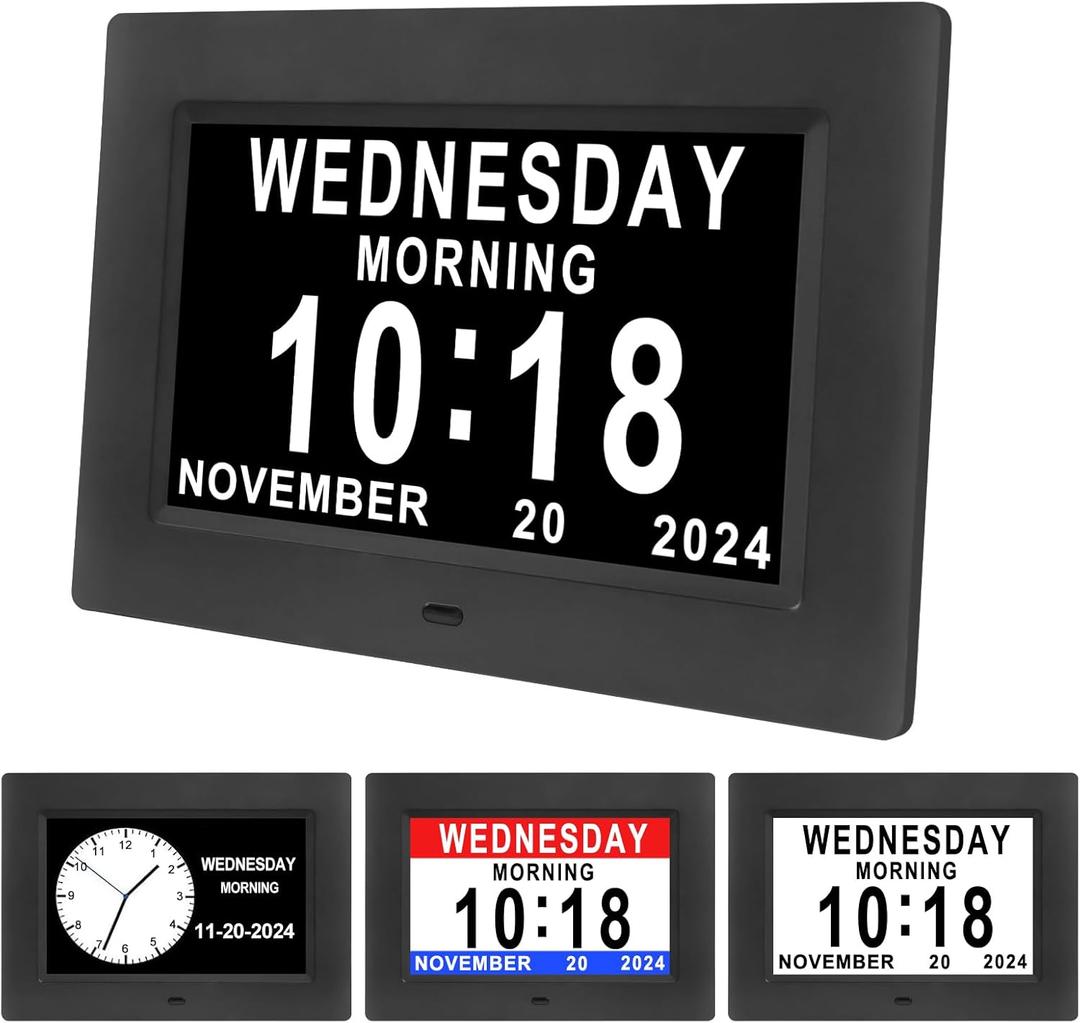 Johnziny 7 Inch Digital Clock with Day and Date for Elderly Large Display Digital for Elderly Dementia Clock Alarms, 12 Alarms and 8 Tags,4 Colors Display Calendar Alarm Clock(Black)