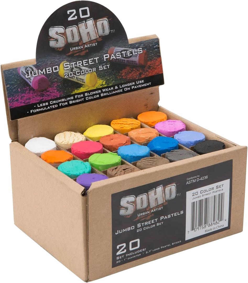 Soho Urban Artist Jumbo Sidewalk Chalk Pastels, Street Soft for Pavement, Sidewalks, Concrete, or Brick, Oil Pastels with Rich Pigment, Smooth, Durable, 20 Unique Assorted Colors, Pack of 1