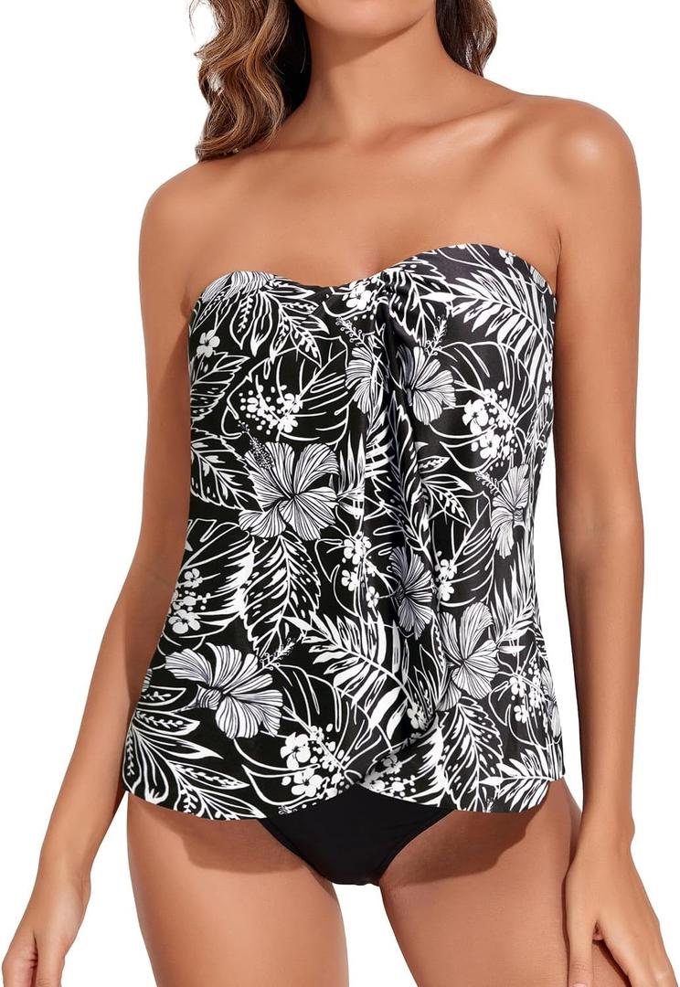 Tempt Me Two Piece Tankini Bathing Suits for Women Halter Bandeau Swim Top with Bottom Flyaway Tummy Control Swimsuit (XX-Large, Black White Floral)