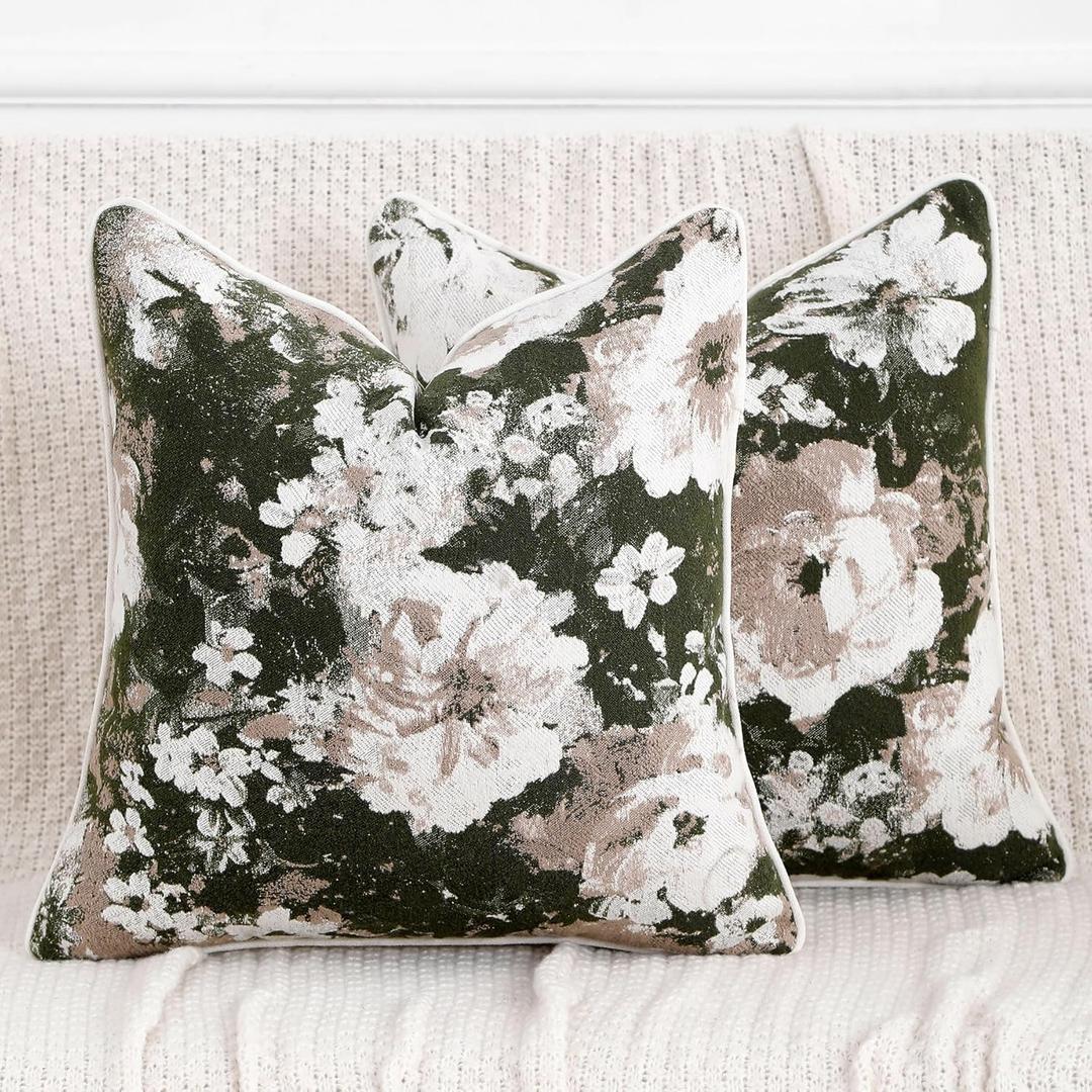 Vintage Floral Throw Pillow Covers 18x18 Set of 2 Neutral Boho Farmhouse Soft Chenille Jacquard Decorative Couch Pillow Covers for Sofa Couch Bed Living Room Home Dcor Beige Green