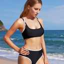 MOOSLOVER Women Sporty Two Piece Swimsuits High Waisted Bikini Sets Color Block Bathing Suit(S, Black) (Black, M)