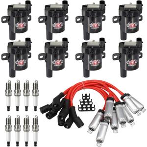 8 Pack D585 UF262 Round Type Ignition Coils with Spark Plugs and Wires, Compatible with Chevy Silverado 1500 2500 3500 Tahoe Suburban Express Sierra Savana Yukon GMC, Replace OEM# C1512 12622553