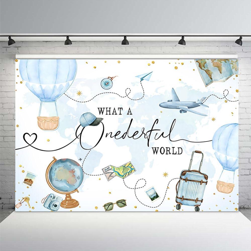 MEHOFOND Travel Theme Boy 1st Birthday Backdrop What a Onederful World Blue Adventure Begins Airplane Photography Background Boy Birthday Party Photo Studio Booth 7x5ft