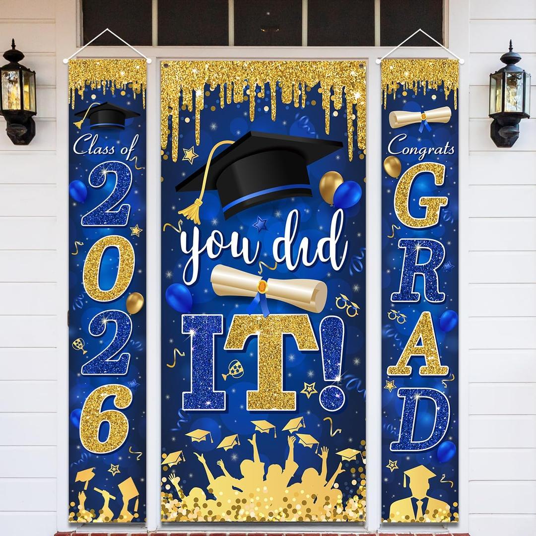 Blue and Gold Graduation Decorations Class of 2026 Congrats Grad Banner and You Did It Graduation Door Cover for High School College Grad Party Supplies(Blue)