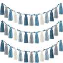 Syhood 3 Pcs Colorful Pom Pom Tassel Garland Boho Rainbow Felt Garlands Tassel Banner Each 50'' Birthday Baby Shower Classroom Boho Decoration for Nursery Wall Bedroom Home Decor(Morandi Color)