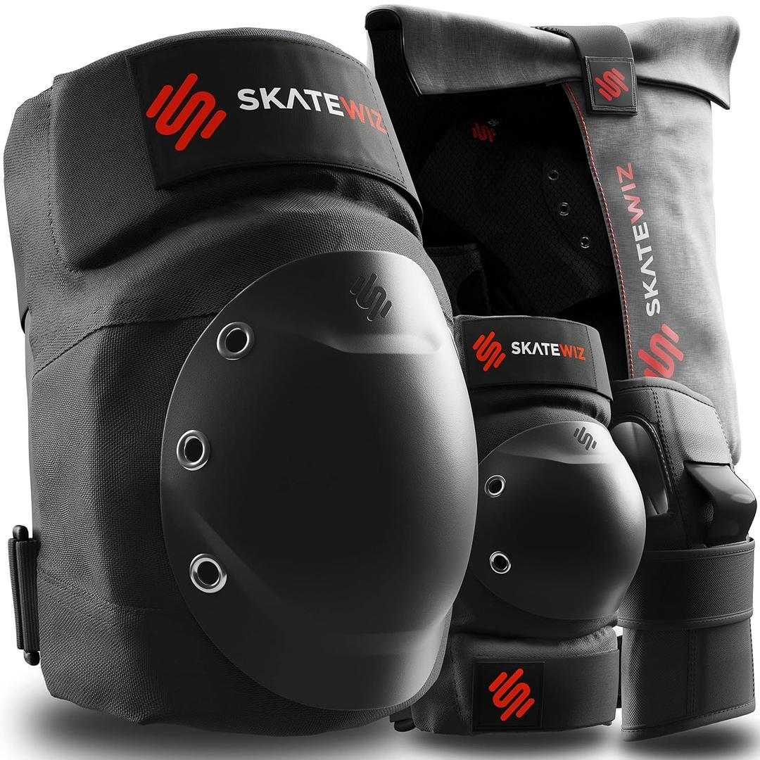 SKATEWIZ Knee and Elbow Pads Adult - Skating Protective Gear Adult Knee and Elbow Pads Set with Wrist Pads - SHIELD - Size M/L Black - Roller Skate Protective Gear for Women & Men