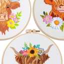 Louise Maelys 3 Sets Embroidery Kits for Beginners,Cross Stitch Kit for Adults,Starters DIY Needlepoint Including Hoop -Highland Cow and Florals Pattern