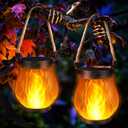 Halloween Solar Flame Lantern Hanging Outdoor Waterproof Purple - 2 Pack Flame Lanterns with Dual Charging Modes of Solar & USB for Garden or Yard Halloween Decorations (Warm White - 2 Pack)