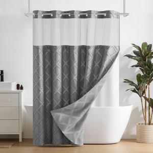 Downluxe No Hook Shower Curtain with Snap in Liner,Grey Waffle Fabric Shower Curtain Set for Bathroom,Hotel Style Double-Layer Waterproofing Curtains 71W x 74L