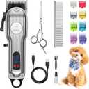 Dog Grooming Kit for Heavy Thick Hair & Coats, Low Noise Dog Hair Trimmer, Rechargeable Cordless Pet Shaver with Stainless Steel Blade, Dog Clippers for Grooming for Small Large Dogs Pets (Sliver)
