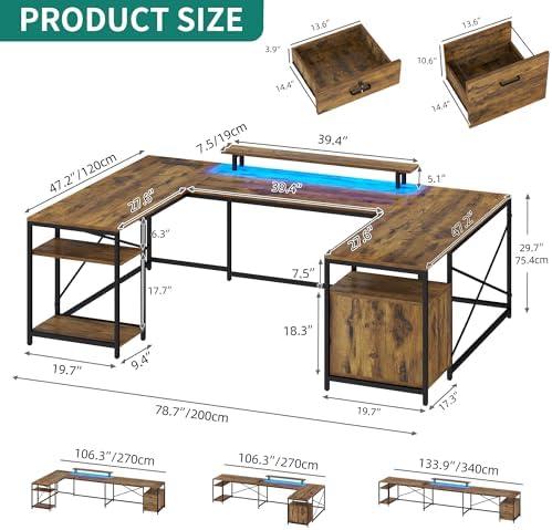 YITAHOME U Shaped Desk with Power Outlets & LED Lights, 79" Reversible L Shaped Desk with Drawers, Corner Computer Desk Office Desk with Monitor Stand & Storage Shelves, Light Brown