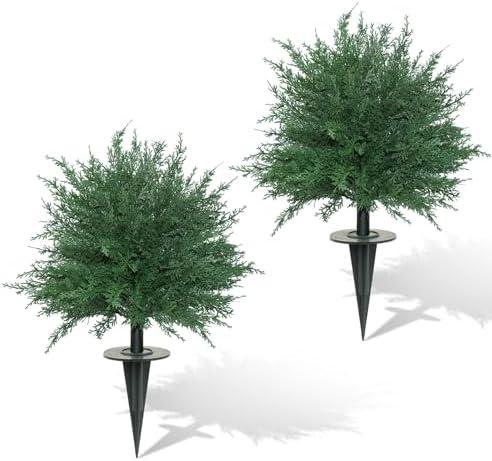 GOVIRAYE Artificial Cedar Topiary Ball Tree 2 Pack, 24" Faux Outdoor Trees with Ground Spike UV Resistant Fake Plant Cypress Bushes Greenery Shrubs for Indoor Front Porch Garden Patio Christmas Decor