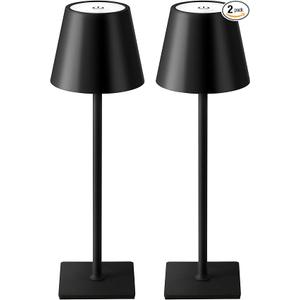 KDG 2 Pack Cordless Table Lamp, Portable LED Desk Lamps, 5000mAh Battery Operated, 3 Color Stepless Dimming Up, for Restaurant, Bedroom, Outdoor Camping, Coffee Shop, Night Light, Rechargeable (Black)