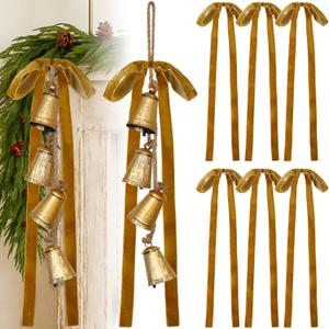 2 Pcs Christmas Cow Bells with 8 Pcs Khaki Velvet Christmas Bows Vintage Gold Bell Decorations with Hanging Rope Velvet Ribbon for Xmas Tree Wall Home Wreath Garland Staircase Indoor Outdoor