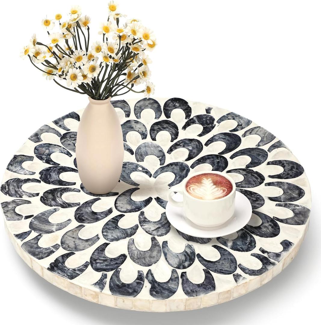 Mother of Pearl Lazy Susan for Table Turntable Organizer Wood Round Spinning Tray Rotating for Kitchen Cabinet Counter Spice Pantry 12 Inch(Floral Pattern)