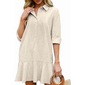 Womens Tunic Shirt Mini Dress Long Sleeve Cotton Short Dress Button Up Ruffle Hem Shift Dresses (Medium,)