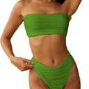 ZAFUL Women Strapless Textured Bandeau Bikini 2 Piece Swimwear Cheeky Solid Lace up Bathing Suits (Small, 1-light Green)