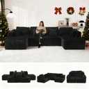 132" U Shaped Sectional Couch, Large Modular Cloud Couches with Double Chaise Lounge, Comfy Flannel Cloud Sofa with Pillows, Boneless Couches for Living Room, Black