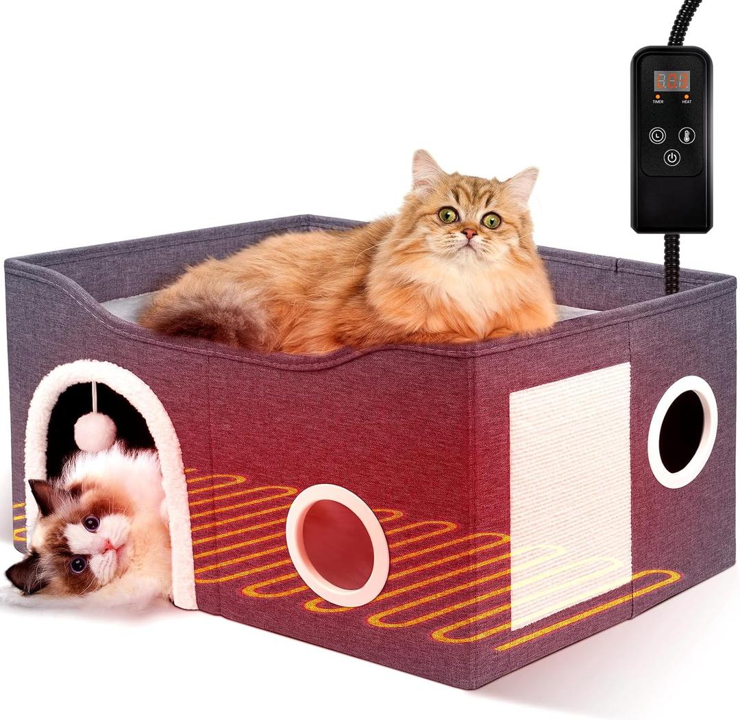 Indoor Heated Cat House, Adjustable Temperature Cat Heating Bed with Timer and Chew Resistant Cord, Large Cat House with Heating Pad for  Medium Cats