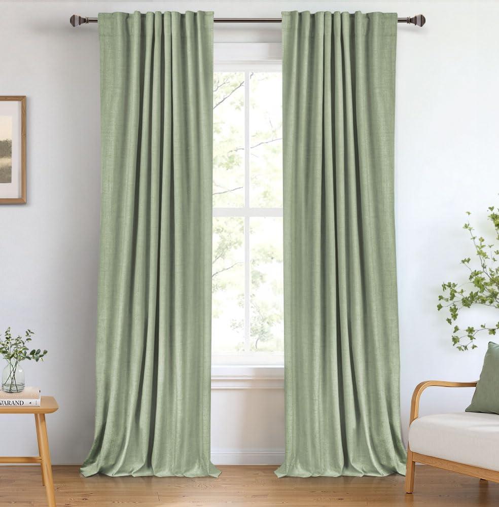 100% Blackout Shield Linen Blackout Curtains for Bedroom 84 Inches Long, Back Tab/Rod Pocket Living Room Drapes, Thermal Insulated Blackout Curtains 2 Panels Set, 50" W x 84" L, Sage