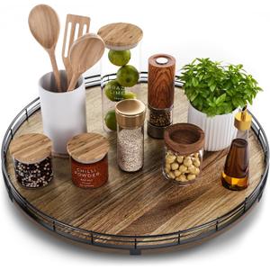 Acacia Wood 18" Lazy Susan Turntable Organizer for Table Top, Farmhouse Large Round Lazy Susan for Cabinet Kitchen Centerpieces Dining Table, for Condiments Charcuterie, Bathroom Vanity Tray Decor