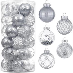 30ct Christmas Ball Ornaments-60mm/2.36" Shatterproof Clear Plastic Xmas Balls Baubles Set with Stuffed Delicate Sparkling, Hanging Christmas Tree Decorations (Silver)