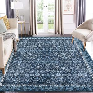 COZYLOOM Trellis Area Rug 6x9 Washable Rug Vintage Rug for Living Room Indoor Soft Non-Slip Carpet Traditional Distressed Bedroom Rug Low Pile Non-Shedding Aesthetic Rugs for Dining Room Office Blue (6x9 ft)