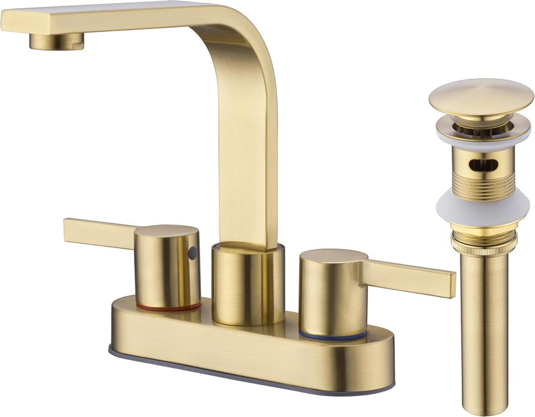 Gold Bathroom Faucet 4 Inch Centerset 3 Hole Lavatory Sink Faucet with Metal Overflow Drain, Non Rust 304 Stainless Steel, Swivel Spout, Brushed Gold