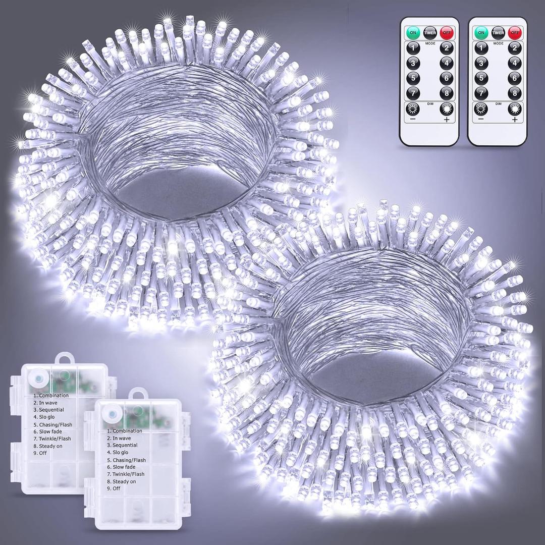 JMEXSUSS 2 Pack White Battery Operated Christmas String Lights, Each 33ft 100 LED Wedding Lights Outdoor Indoor, with 8 Modes Remote Waterproof