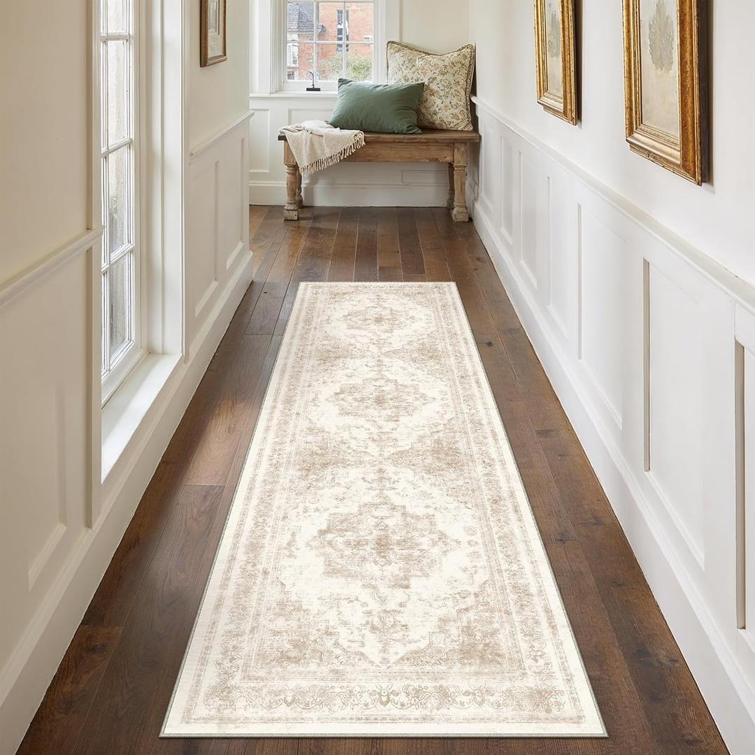 Runner Rug 2x8 Cream Hallway Washable Beige Carpet Non Slip Vintage Medallion Beige Carpet Low Pile Soft Distressed Retro Indoor Long Rug for Entryway Kitchen Bathroom Laundry Bedroom