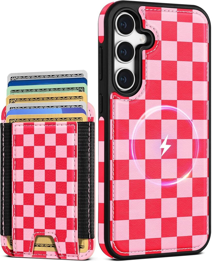 Shorogyt for Samsung Galaxy S25 Cute Kawaii Leather Phone Case - Compatible with Magsafe Wallet Magnetic Credit Card Holder Fashion Grid Design Phone Cover for Women Girls, Fits 7 Cards