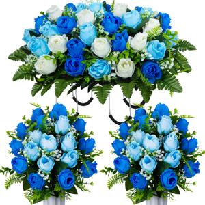 Artificial Cemetery Flowers Saddle Grave Memorial Rose Flowers with Vase for Cemetery Headstones Gravesites Decoration (White&Blue, 1 Saddle & 2Bouquets with Vase)