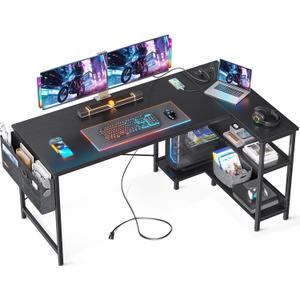 ODK 55 Inch Small L Shaped Computer Desk with Power Outlets, Corner Desk with PC Stand & Reversible Storage Shelves for Small Space Home Office Workstation, Modern Simple Writing Study Table, Black