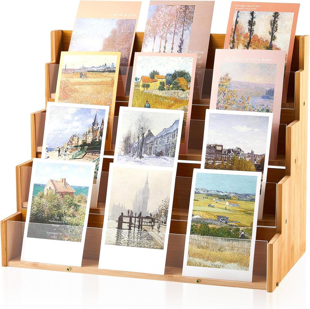 4 Tier Greeting Card Display Stand Wood Color Bamboo and Acrylic Sticker Display Stand Trading Card Holder Retail Photos Shelf for Vendors Craft Collection & Show