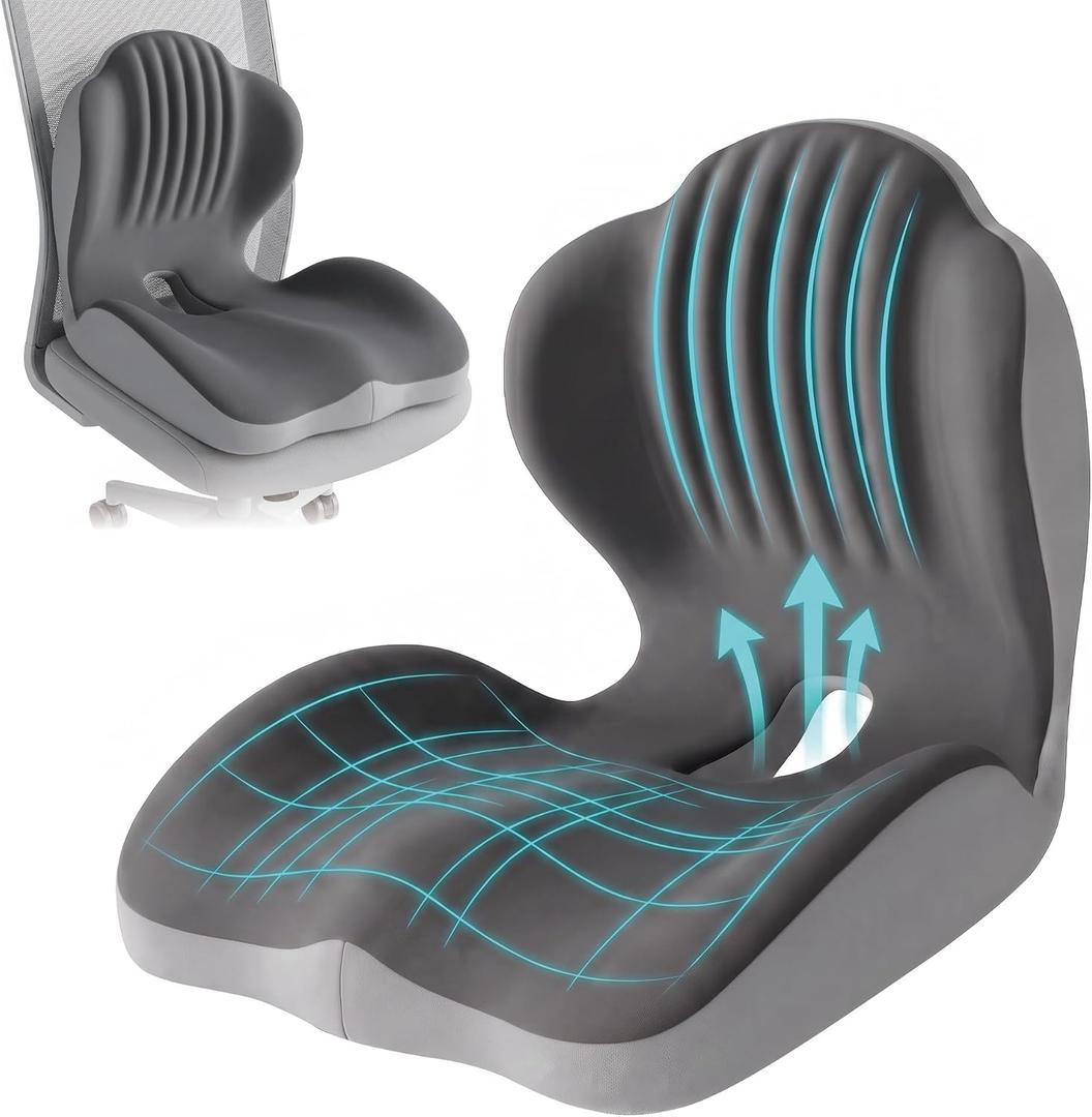 Memory Foam Seat Cushion with Lumbar Support, L-Shaped, Gray, Large