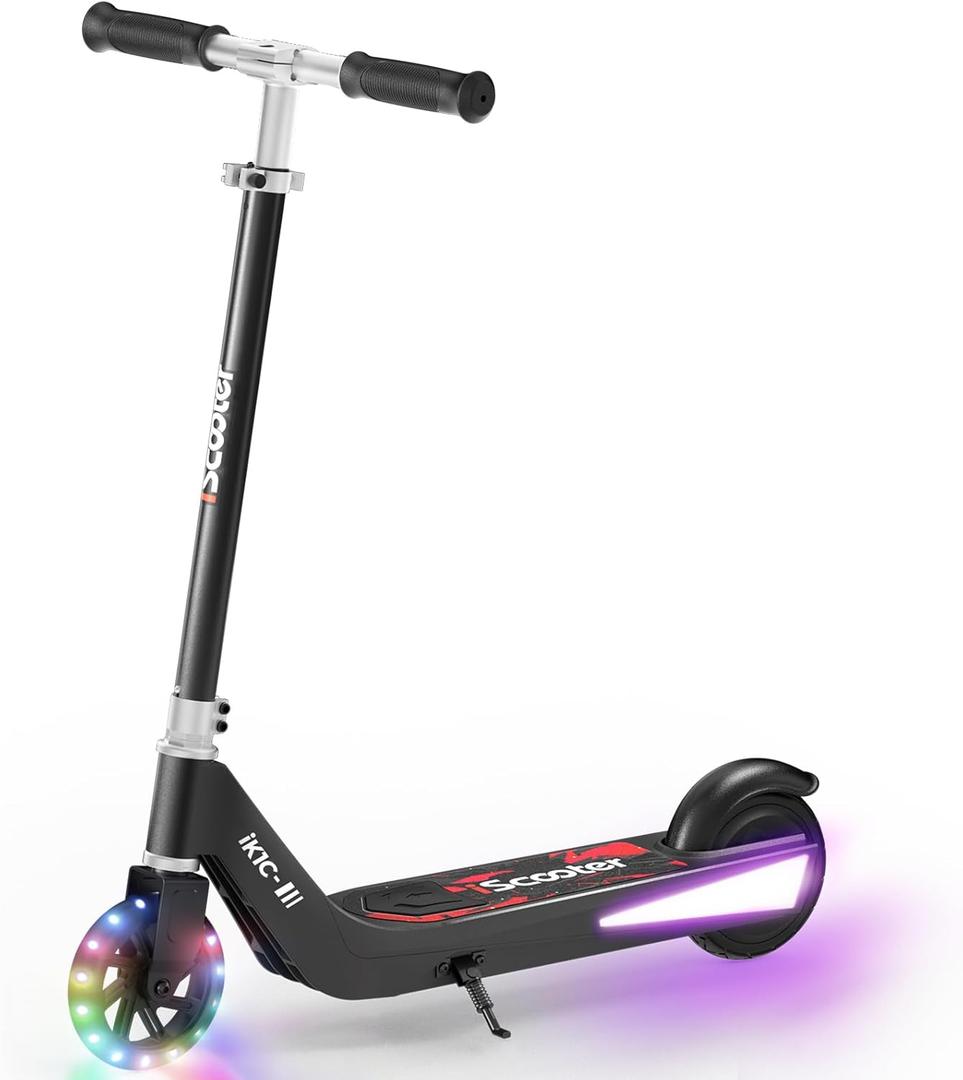iScooter iK1 Electric Scooter for Kids Aged 6-10, Adjustable Speed & Height, Magnetic Safe Charging, Colorful Flashing Wheels & Deck Lights, E Scooter Suit for Beginners (IK1S-6/9MPH, Black)