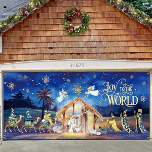 Peryiter Christmas Nativity Garage Door Banner 6 x 13 ft Large Christmas Garage Door Decoration Joy to The World Religious Backdrop for Xmas Eve Wall Outdoor Decoration