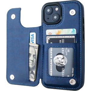 ONETOP Compatible with iPhone 15 Wallet Case with Card Holder, PU Leather Kickstand Card Slots Case, Double Magnetic Clasp and Durable Shockproof Cover 6.1 Inch (Blue)