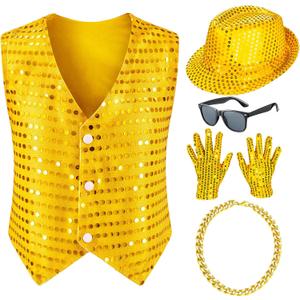 Kids Dance Hip Hop Jazz Costume Boys Sequin Vest Hat Glasses Set for Dance Party 3-12 Years (Gold) Kids Dance Hip Hop Jazz Costume Boys Sequin Vest Hat Glasses Set for Dance Party 3-12 Years (Gold)