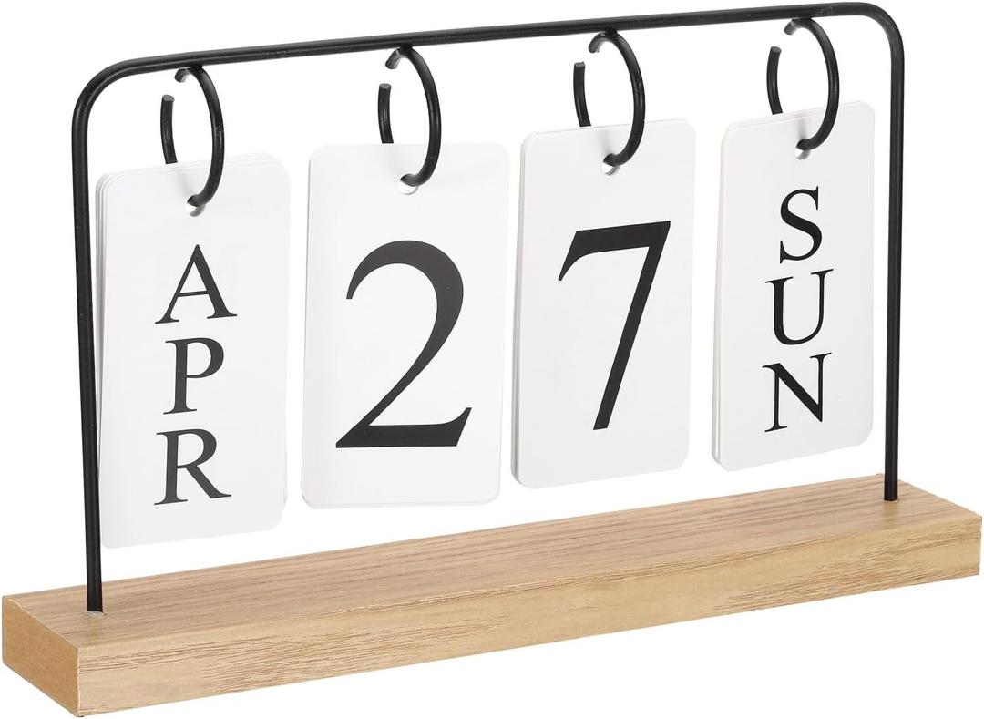 PATIKIL Vintage Wood Perpetual Calendar, Wooden Flip Calendar Turn Page Month Date Display for Desk Office Home Room Decoration, Black