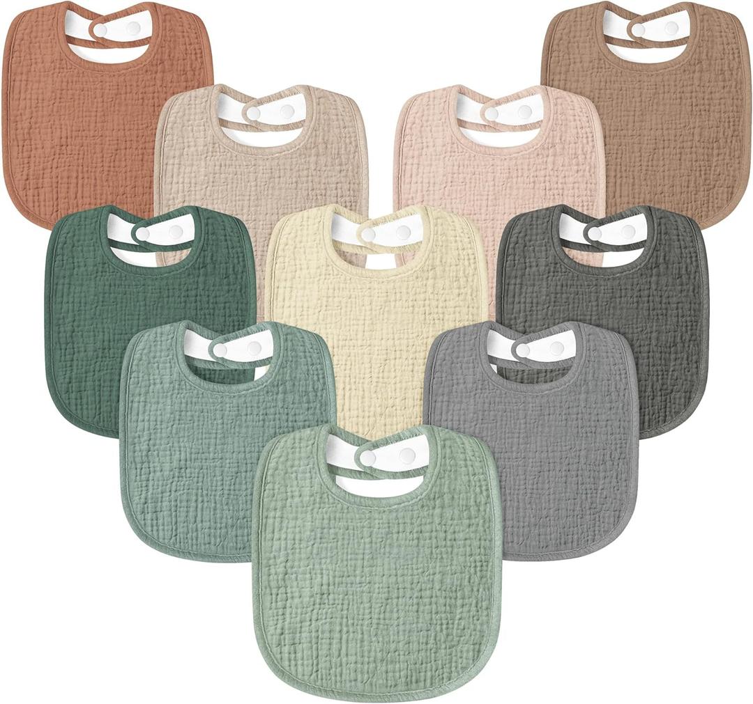 Susurration Muslin Baby Drool Bibs 10Pack Soft Square Adjustable Bandana Bibs for Unisex Baby Girls & Boys (Natural)