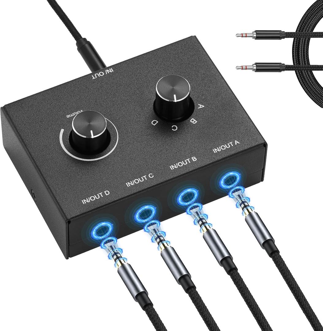 4 Way 3.5mm Stereo Audio Switch, AUX 3.5mm Audio Switch Audio Switcher Passive Speaker Headphone Manual Selector Splitter Box Audio Sharing (4/1 in -1/4 Out) (Black)